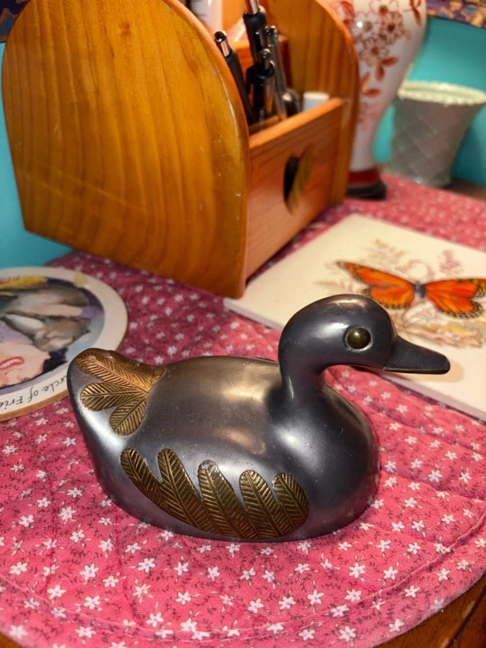 Vintage Silver Color Mallard Duck Decor with Brass Detailing